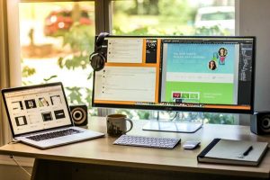 Scrivania moderna con laptop, monitor esterno e accessori, simbolo della consulenza legale smart working