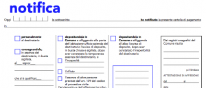Modulo di notifica legale per cartella di pagamento, con opzioni di consegna personale o deposito in Comune
