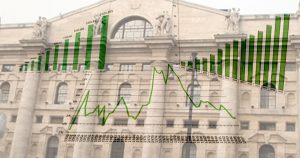 Grafici finanziari sovrapposti a un edificio bancario, illustrando i rischi delle azioni bancarie e degli aumenti di capitale