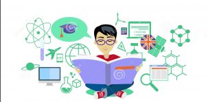 Illustrazione di uno studente che legge, circondato da icone che rappresentano diverse discipline e strumenti di apprendimento, come scienza, matematica, informatica e lingue