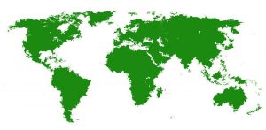 Mappa stilizzata del mondo in verde brillante su sfondo bianco, simbolo della necessità di protezione del pianeta