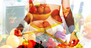 Sovrapposizione di una persona con un metro da sarto in vita e alimenti sani, come frutta, verdura e olio d'oliva, che simboleggia l'equilibrio nelle diete vegetariane e vegane