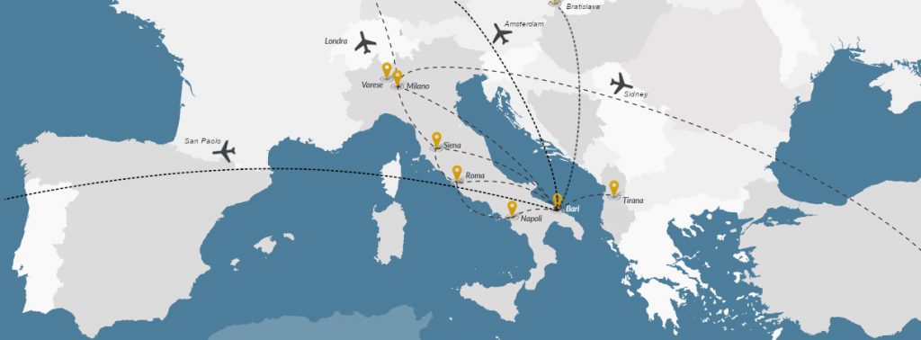 Mappa che mostra la rete nazionale e internazionale di DiDiritto con sedi a Bari, Milano, Roma, Napoli e collegamenti con Londra, Amsterdam, San Paolo, Sidney e Tirana
