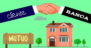 Illustrazione di una stretta di mano tra CLIENTE e BANCA sopra una casa e un cartello MUTUO, simboleggiando la rinegoziazione del mutuo immobiliare