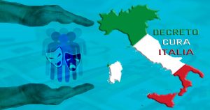 Mappa dell'Italia con i colori della bandiera e la scritta Decreto Cura Italia, affiancata da sagome di persone e maschere teatrali, simboli il supporto ai lavoratori dello spettacolo