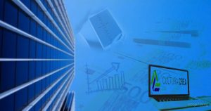 Un collage blu che simboleggia finanziamenti e consulenza legale per imprese, con un edificio, banconote e il logo Cultura Crea