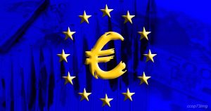 Simbolo dell'euro dorato al centro di un cerchio di stelle su sfondo blu scuro con banconote sfocate, rappresentando la stabilità economica e finanziaria dell'Unione Europea