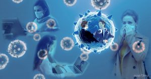 Illustrazione di persone con mascherine e un virus che contiene due uomini d'affari, riflettendo la responsabilità legale nel contagio da COVID-19