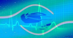 Un'illustrazione digitale che simboleggia la sicurezza delle cure e il rischio clinico, con un elettrocardiogramma e uno stetoscopio su sfondo blu-verde a griglia