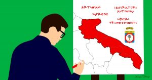Un uomo disegna la mappa della Puglia, evidenziando le aree che beneficiano degli stanziamenti regionali per imprese e liberi professionisti