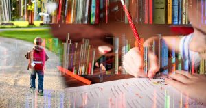 Un bambino con zaino rosso cammina su un sentiero, mentre un altro scrive al tavolo con libri, simboleggiando l'osservazione e l'intervento pedagogico-clinico