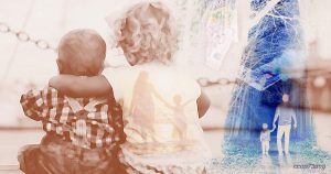 Un collage che simboleggia il diritto di famiglia e il mantenimento dei figli, con figure di bambini e genitori