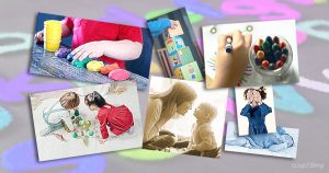 Una serie di immagini che mostrano bambini impegnati in attività di sviluppo motorio e interazione familiare