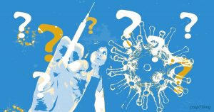 Illustrazione di una persona pensierosa e del virus COVID-19, circondati da punti interrogativi, che simboleggia i dubbi sul vaccino per gli insegnanti