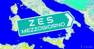 Mappa stilizzata dell'Italia meridionale con un cartello stradale che indica ZES MEZZOGIORNO